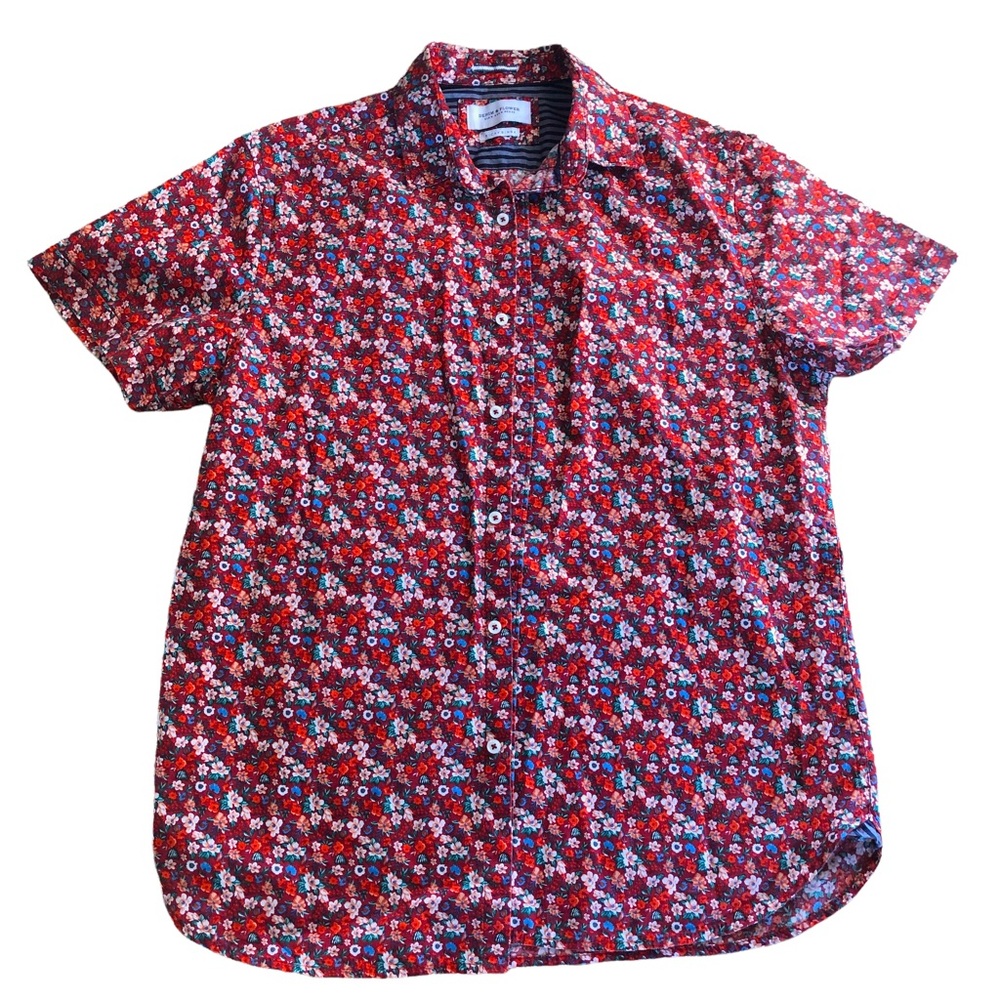 Denim and flower Ricky Singh mens button down shirt short sleeve size medium